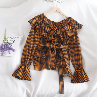 Retro stílusú kockás női ing négy színben nyakkendővel és fürtökkel