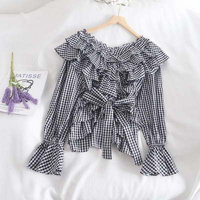 Retro stílusú kockás női ing négy színben nyakkendővel és fürtökkel