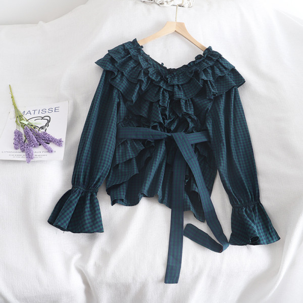 Retro stílusú kockás női ing négy színben nyakkendővel és fürtökkel