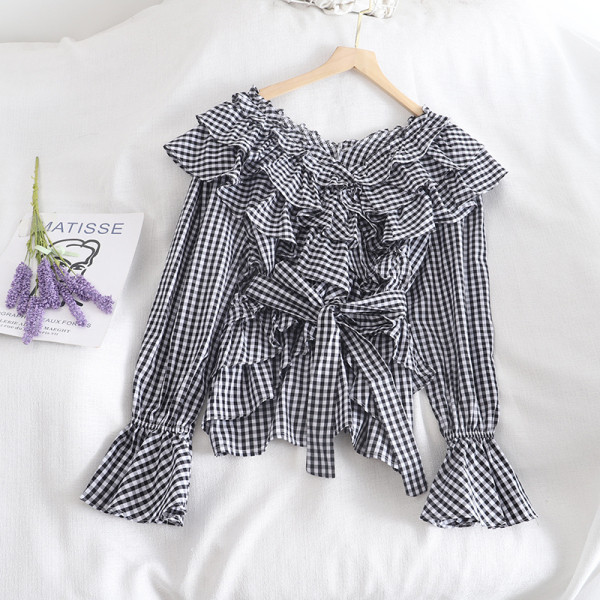 Retro stílusú kockás női ing négy színben nyakkendővel és fürtökkel