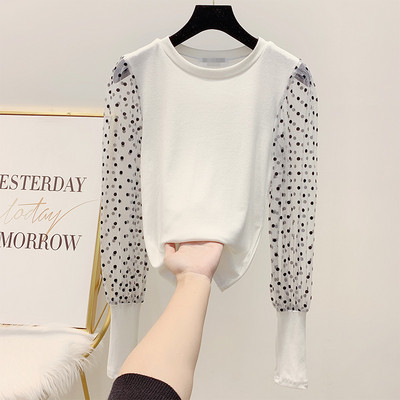 Pulover de dama tricotat cu maneci largi cu puncte in negru, alb, roz si maro