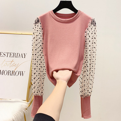 Pulover de dama tricotat cu maneci largi cu puncte in negru, alb, roz si maro