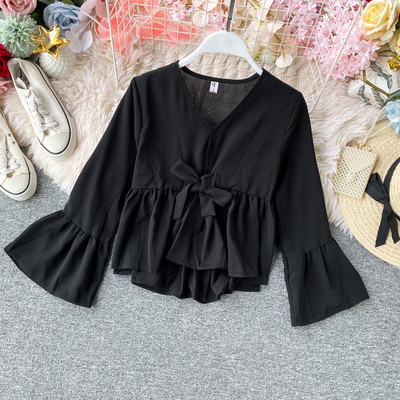 Cămașă modernă de damă cu panglică și decolteu spitz model asimetric în cinci culori