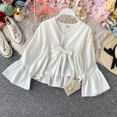 Cămașă modernă de damă cu panglică și decolteu spitz model asimetric în cinci culori