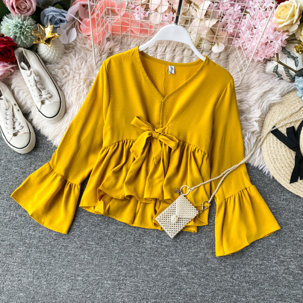 Cămașă modernă de damă cu panglică și decolteu spitz model asimetric în cinci culori