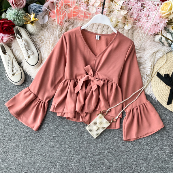 Cămașă modernă de damă cu panglică și decolteu spitz model asimetric în cinci culori