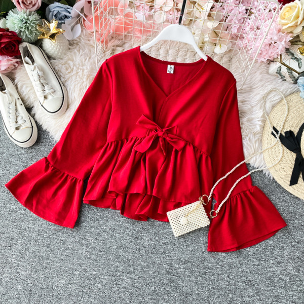 Cămașă modernă de damă cu panglică și decolteu spitz model asimetric în cinci culori