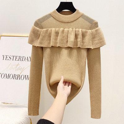 Női pulóver fényes részecskékkel és fürtökkel kerek nyakkivágással kék, bézs és fekete színben