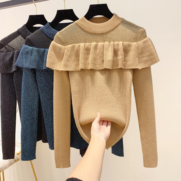 Női pulóver fényes részecskékkel és fürtökkel kerek nyakkivágással kék, bézs és fekete színben