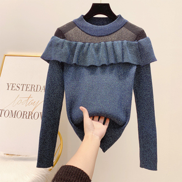 Női pulóver fényes részecskékkel és fürtökkel kerek nyakkivágással kék, bézs és fekete színben