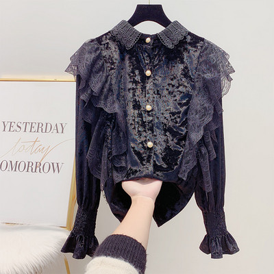 Női bársony ing csipkével és klasszikus gallérral bézs, fehér és fekete színben