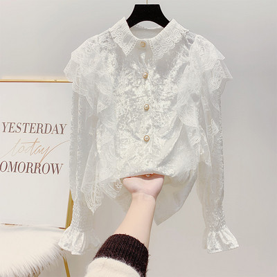 Női bársony ing csipkével és klasszikus gallérral bézs, fehér és fekete színben