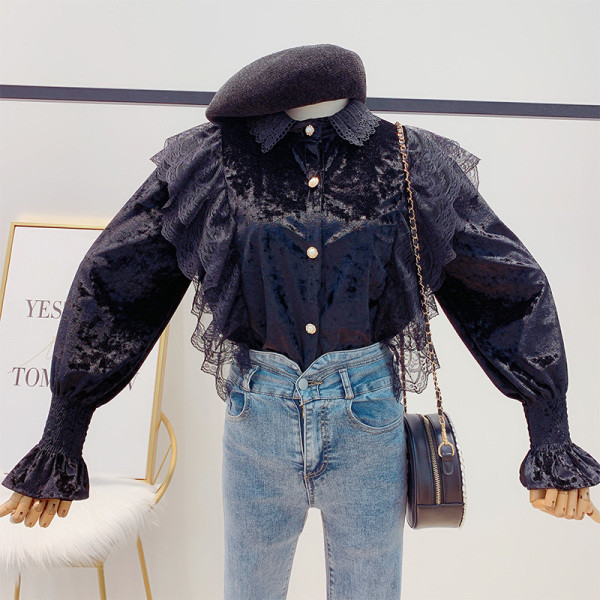 Női bársony ing csipkével és klasszikus gallérral bézs, fehér és fekete színben