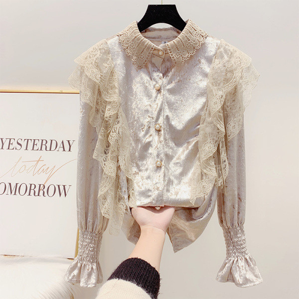 Női bársony ing csipkével és klasszikus gallérral bézs, fehér és fekete színben