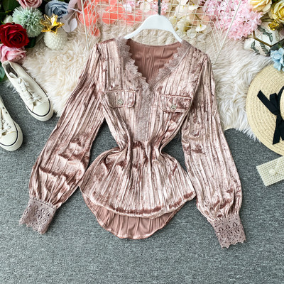 Modern női bársony ing spitz nyakkivágással és csipkével több színben