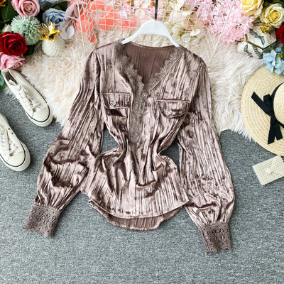 Modern női bársony ing spitz nyakkivágással és csipkével több színben