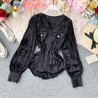 Modern női bársony ing spitz nyakkivágással és csipkével több színben