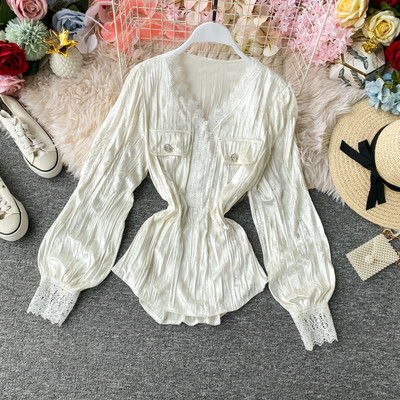 Modern női bársony ing spitz nyakkivágással és csipkével több színben