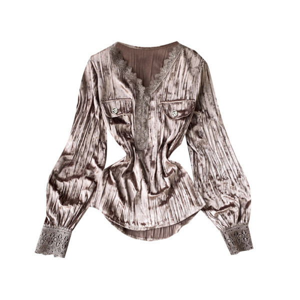 Modern női bársony ing spitz nyakkivágással és csipkével több színben