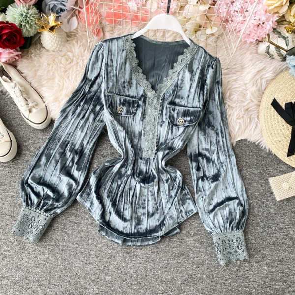 Modern női bársony ing spitz nyakkivágással és csipkével több színben