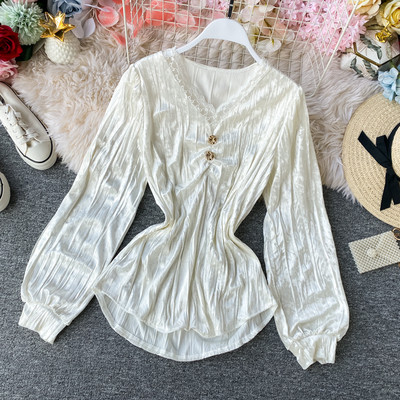 Stílusos női bársony ing spitz nyakkivágással és csipkével, hat színben