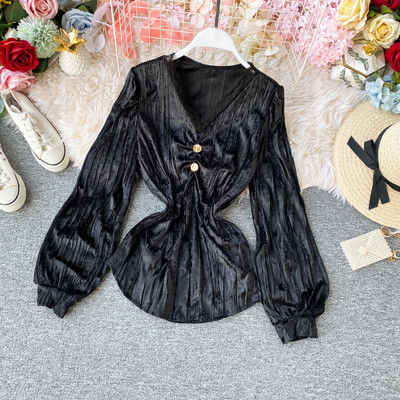 Stílusos női bársony ing spitz nyakkivágással és csipkével, hat színben