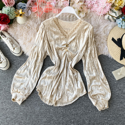 Stílusos női bársony ing spitz nyakkivágással és csipkével, hat színben