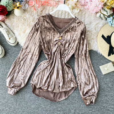 Stílusos női bársony ing spitz nyakkivágással és csipkével, hat színben