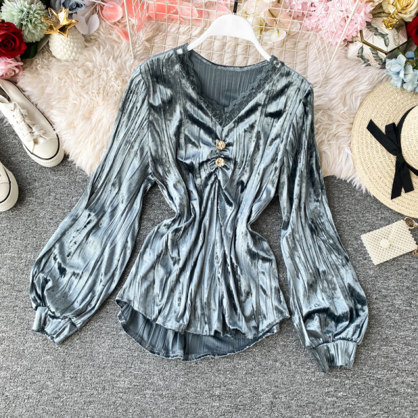 Stílusos női bársony ing spitz nyakkivágással és csipkével, hat színben