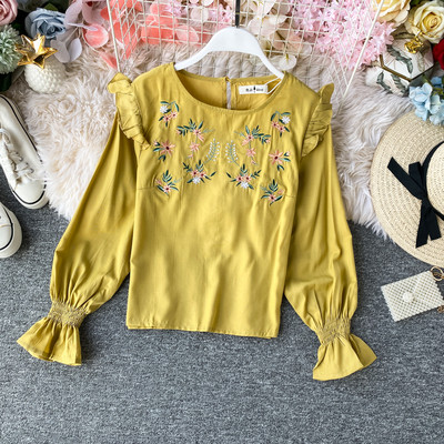 Cămașă casual de damă cu mâneci lungi și broderie în patru culori