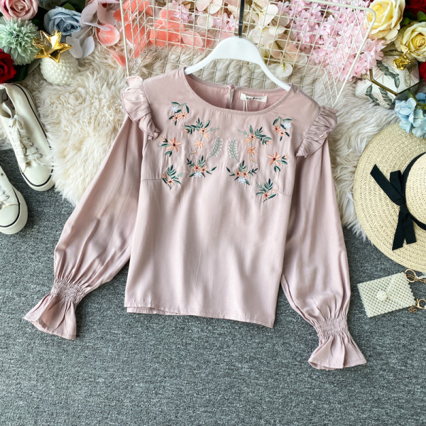 Cămașă casual de damă cu mâneci lungi și broderie în patru culori