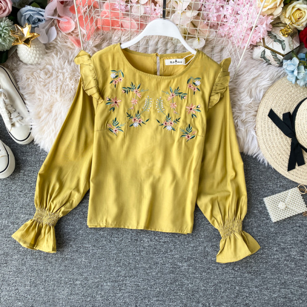 Cămașă casual de damă cu mâneci lungi și broderie în patru culori