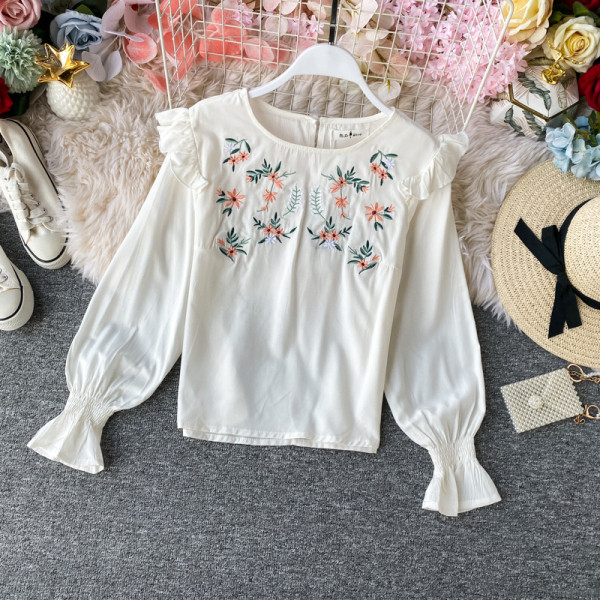 Cămașă casual de damă cu mâneci lungi și broderie în patru culori