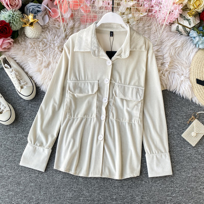 Modern női bársony ing gombokkal és zsebekkel, rózsaszín, fehér és fekete színben