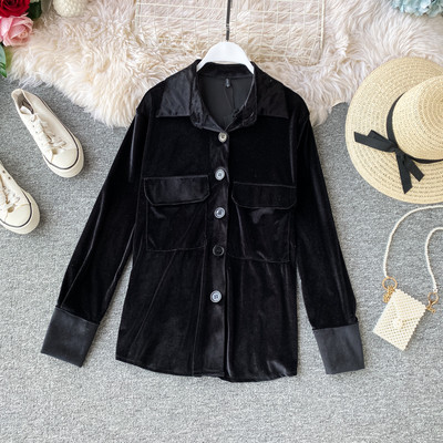 Modern női bársony ing gombokkal és zsebekkel, rózsaszín, fehér és fekete színben