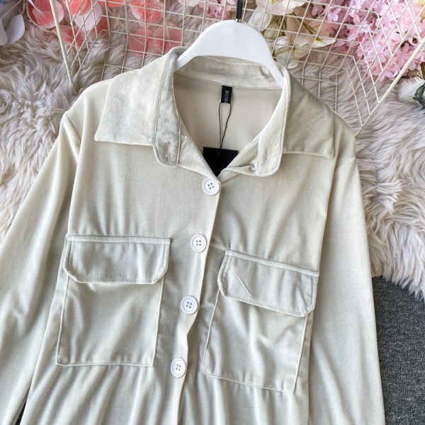 Modern női bársony ing gombokkal és zsebekkel, rózsaszín, fehér és fekete színben