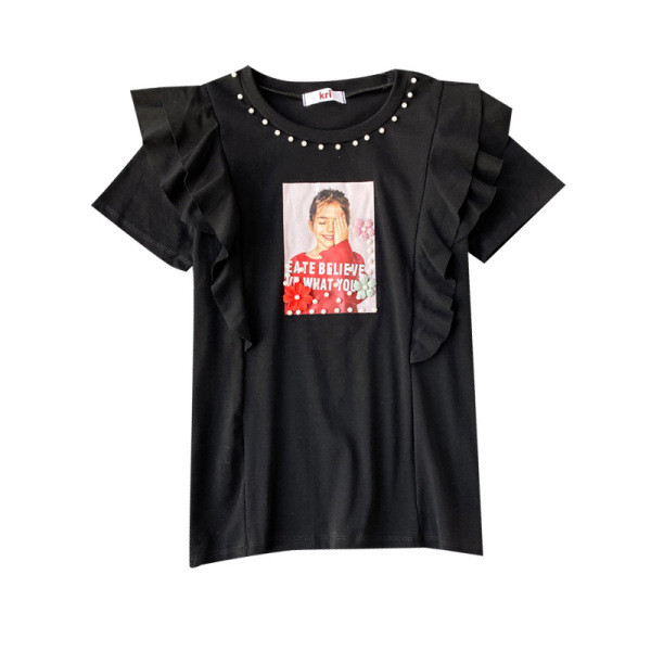 Bluză de damă modernă cu mâneci scurte și aplicație în mov, roz, galben, alb și negru