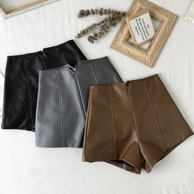 Къси есенно-зимни панталони от еко кожа с висока талия в черен,кафяв и сив цвят
