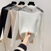 Női pulóver csipkével és magas gallérral fekete, fehér és bézs színben