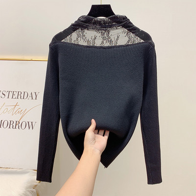 Női pulóver csipkével és magas gallérral fekete, fehér és bézs színben