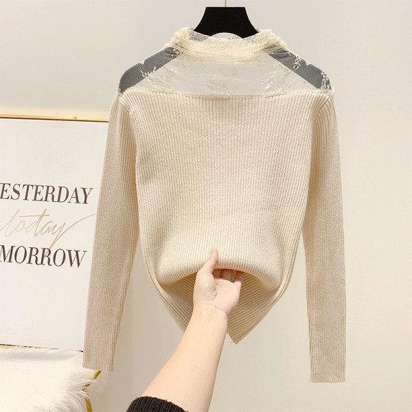 Női pulóver csipkével és magas gallérral fekete, fehér és bézs színben