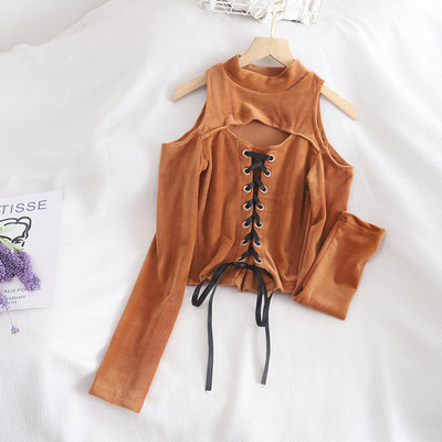 Bluza de dama din catifea in mai multe culori cu cravate si decolteu rotund