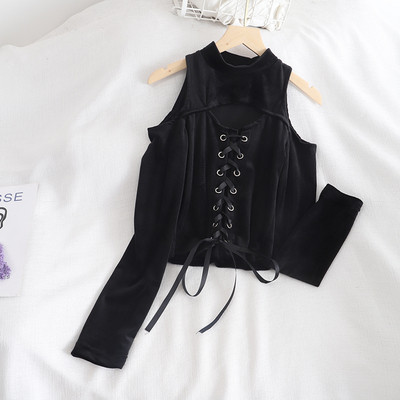 Bluza de dama din catifea in mai multe culori cu cravate si decolteu rotund