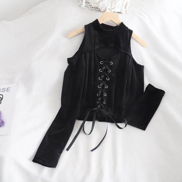 Bluza de dama din catifea in mai multe culori cu cravate si decolteu rotund