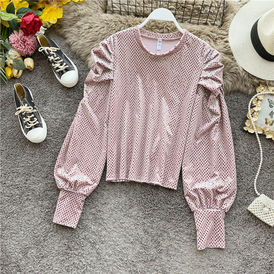 Bluză de damă modernă cu paiete și decolteu oval în bej, roșu, alb, roz și verde