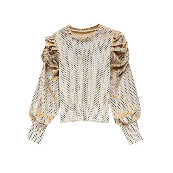 Bluză de damă modernă cu paiete și decolteu oval în bej, roșu, alb, roz și verde