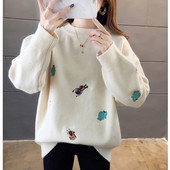 Pulover de iarna de dama cu broderie colorata in alb, galben, negru si albastru