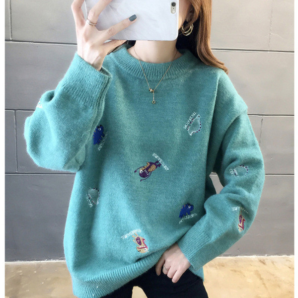 Pulover de iarna de dama cu broderie colorata in alb, galben, negru si albastru