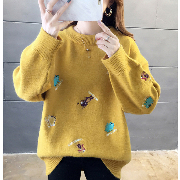 Pulover de iarna de dama cu broderie colorata in alb, galben, negru si albastru