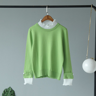 Őszi női blúz kerek nyakkivágással, zöld, fehér, fekete, rózsaszín és sárga színben